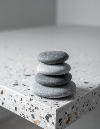 A stack of smooth, grey stones sits in perfect balance on the corner of a modern terrazzo surface.の素材