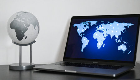 A laptop displays a glowing digital world map, symbolizing global business, internet connectivity, and the future of international commerce.の素材
