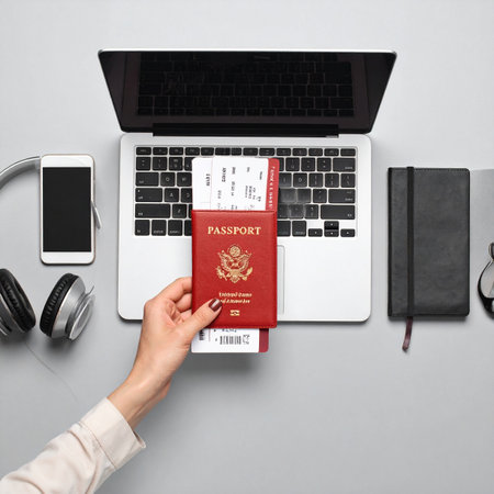 A top-down view of a modern traveler's desk.の素材