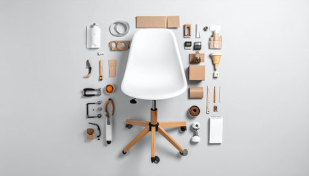 A top-down view captures the satisfying process of creation. Each component of a modern office chair is meticulously arranged, ready for assembly.の素材