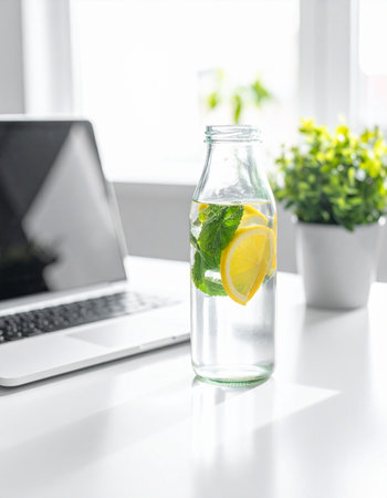 Start your productive day with a refreshing boost. A glass bottle of lemon and mint infused water sits on a clean, white desk next to a laptop, bathed in bright morning sunlight.の素材