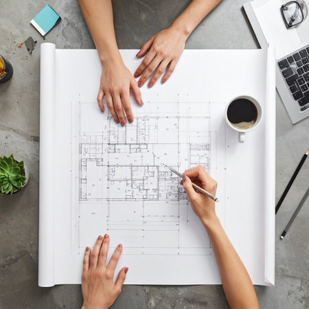 Top-down view of two architects meticulously reviewing and refining a building blueprint.の素材
