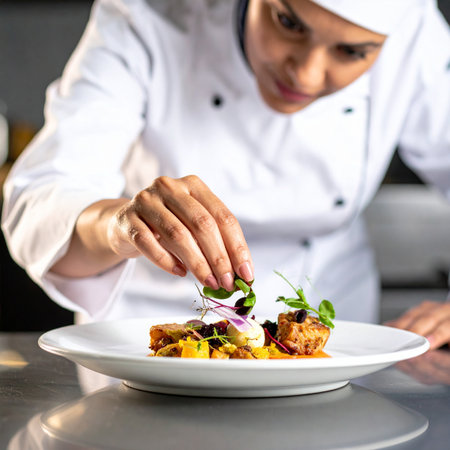 With intense focus and a steady hand, a culinary artist applies the final, delicate garnish to her masterpiece.の素材