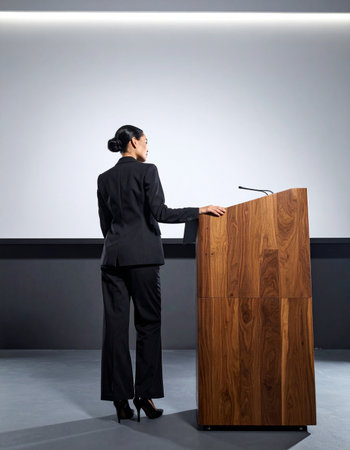 A poised businesswoman stands at a wooden lectern, her back to the audience as she gazes at the large, blank screen before her.の素材