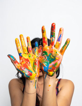 A woman playfully hides her face behind hands covered in a vibrant explosion of multi-colored paint.の素材