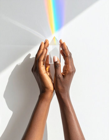 A pair of hands gently holds a crystal prism, transforming a simple beam of sunlight into a vibrant rainbow.の素材