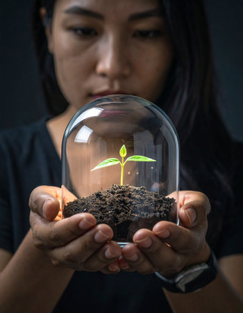 A woman carefully holds a glass cloche, protecting the fragile new life of a single green sprout within.の素材