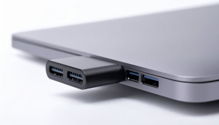 A close-up view of a compact black USB-C hub plugged into a slim, silver laptop against a clean white background.の素材