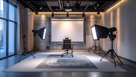 The stage is set in a modern, professional studio, perfectly lit and ready for a compelling interview, webinar, or online presentation.の素材