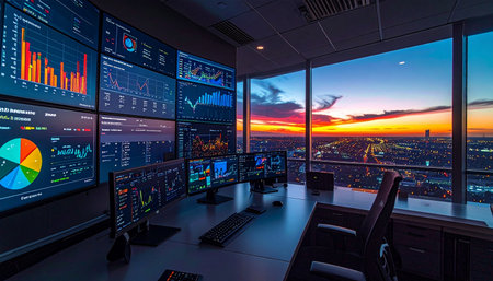 From a state-of-the-art command center high above the city, global data streams are monitored on multiple screens as the sun sets.の素材