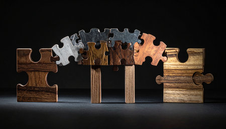 A diverse collection of wooden and metallic puzzle pieces come together to form a sturdy bridge, spanning a gap against a dark background.の素材