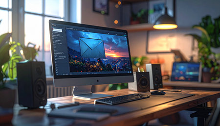 In a warmly lit home studio, a powerful computer displays a vibrant digital art project nearing completion.の素材