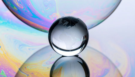 A crystal clear sphere, representing the world in a state of delicate balance, rests between two shimmering, iridescent soap bubbles.の素材