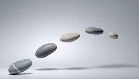 A series of smooth, grey stones float in a graceful arc against a serene background.の素材