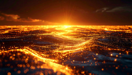 A breathtaking sunrise dawns over a vast, flowing ocean of digital information.の素材