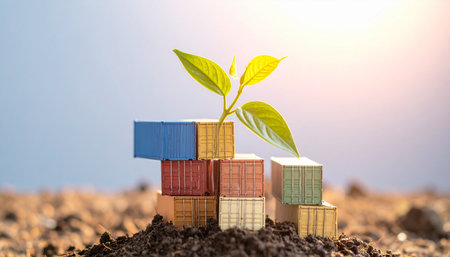 A young plant emerges from a stack of colorful shipping containers, symbolizing the powerful intersection of sustainable practices and global economic growth.の素材