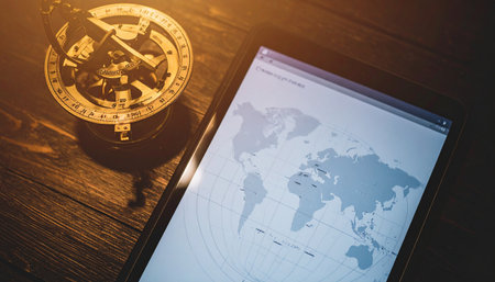 An antique brass astrolabe rests beside a modern tablet displaying a world map on a dark wooden desk.の素材