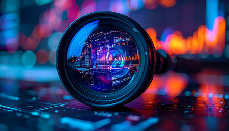 Through the lens of innovation, a vibrant digital cityscape comes into focus.の素材