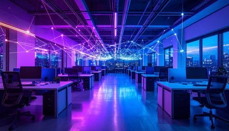 In the quiet of the night, a modern office comes alive with a luminous digital network, symbolizing the constant flow of data and global connectivity.の素材
