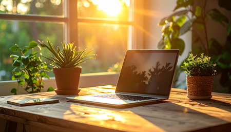 A tranquil home office setup bathed in the warm glow of morning sunlight.の素材
