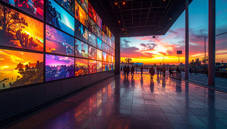 In a stunning display of modern architecture, a massive video wall glows with vibrant content.の素材