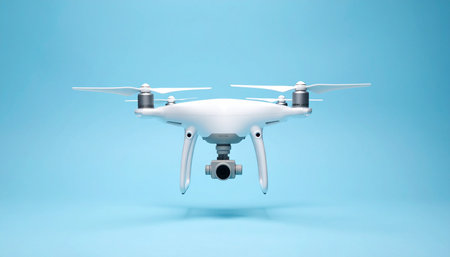 A sleek, white quadcopter drone with an integrated high-resolution camera hovers silently against a clean, solid blue background.の素材