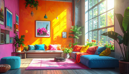 Sunlight streams through a large window, illuminating a vibrant and eclectic bohemian living room.の素材