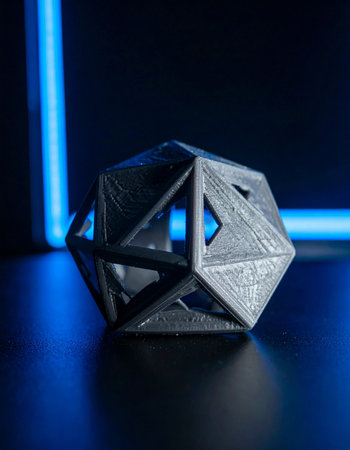 A mysterious geometric artifact, possibly a product of advanced technology, rests on a reflective surface.の素材