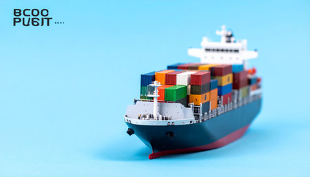 A detailed model of a container ship sails across a calm blue background, representing the vast and intricate network of global trade.の素材