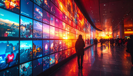A lone figure walks through a luminous corridor, dwarfed by a colossal, curved wall of vibrant screens.の素材