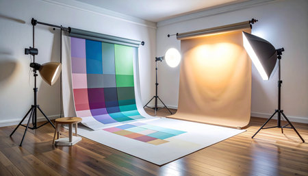 A professional photography studio is perfectly arranged and ready for a creative session.の素材