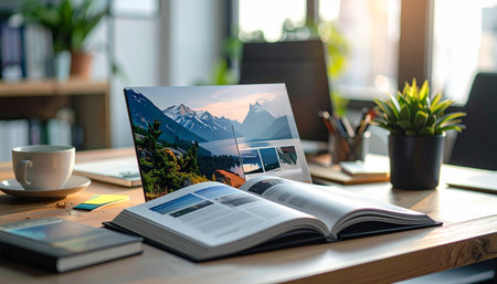 A quiet morning workspace bathed in warm sunlight.の素材