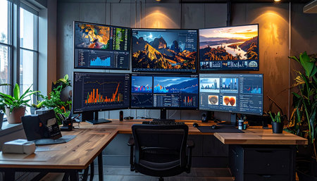 In a modern, warmly lit office, a powerful multi-monitor workstation stands ready for complex tasks.の素材