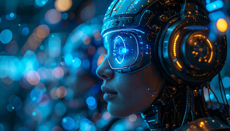 A futuristic woman with glowing cybernetic enhancements gazes into a vibrant digital landscape.の素材