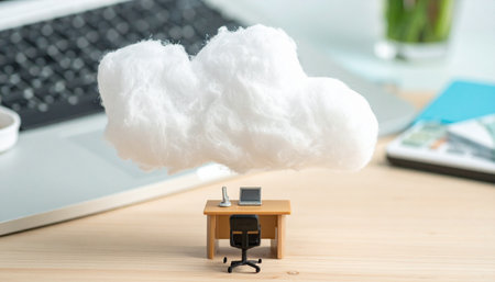 A miniature office desk sits directly beneath a fluffy white cloud, symbolizing the concept of cloud computing and the modern virtual workplace.の素材