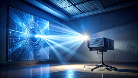 In a darkened hall, an advanced projector springs to life, casting a brilliant beam of blue light onto a vast screen.の素材