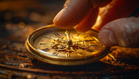 In a moment steeped in nostalgia, fingers trace the edge of an antique skeleton watch.の素材