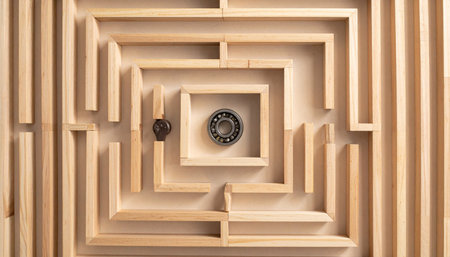 A single metal ball rests near the center of an intricate wooden maze, symbolizing the final steps of a complex journey.の素材