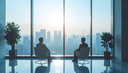Two silhouetted business partners sit in a modern high-rise office, looking out over a vast cityscape at sunrise.の素材