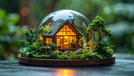 A tiny, illuminated house sits nestled within a self-contained glass world, a perfect miniature ecosystem.の素材
