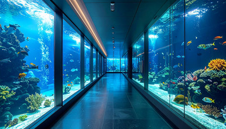 A serene, one-point perspective view down a long, modern aquarium tunnel.の素材