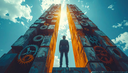 A lone figure stands silhouetted against a brilliant sun, poised at the entrance of a monumental gateway built from the cogs and gears of industry.の素材