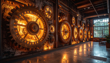 A view down a long, polished corridor where massive, intricate gears glow with a warm, internal light.の素材