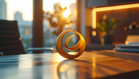 A gleaming golden 3D logo sits on a polished desk, catching the warm light of a setting sun that streams through the office window.の素材