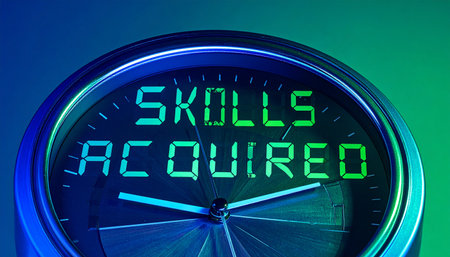 A digital clock marks a significant milestone, displaying the message 'Skills Acquired'.の素材
