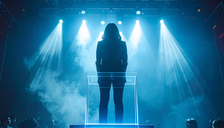 A powerful female leader stands silhouetted against dramatic blue spotlights, ready to deliver an inspiring keynote speech.の素材