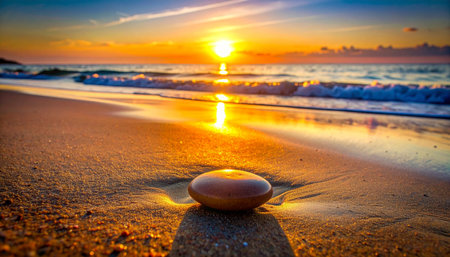As the sun dips below the horizon, its last golden rays kiss the wet sand, illuminating a single smooth stone.の素材