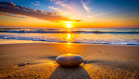 A single smooth stone rests on the wet sand, catching the last golden rays of a spectacular sunset.の素材