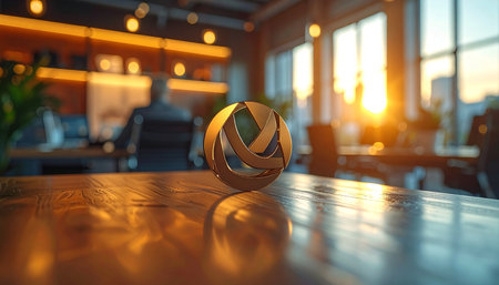 As the sun sets, casting a warm golden glow through the office windows, an abstract sphere sits on a polished desk.の素材