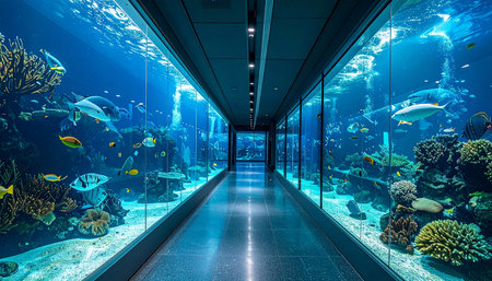 A serene perspective down a long, futuristic hallway in a public aquarium.の素材
